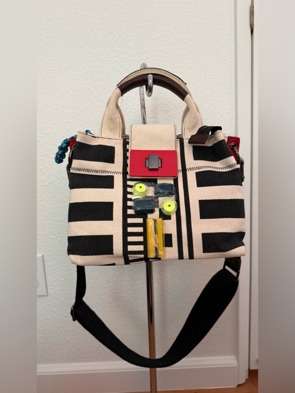 Maliparmi Black & Cream Canvas Satchel with Red Clasp